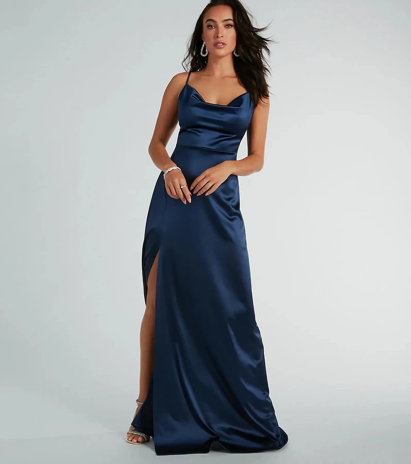 Ellie Cowl Neck A-Line Long Satin Formal Dress