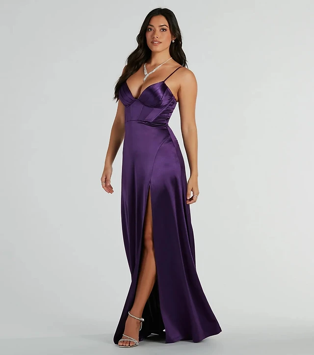 alissa formal dress midnight Alissa Satin Corset Slit Formal Dress