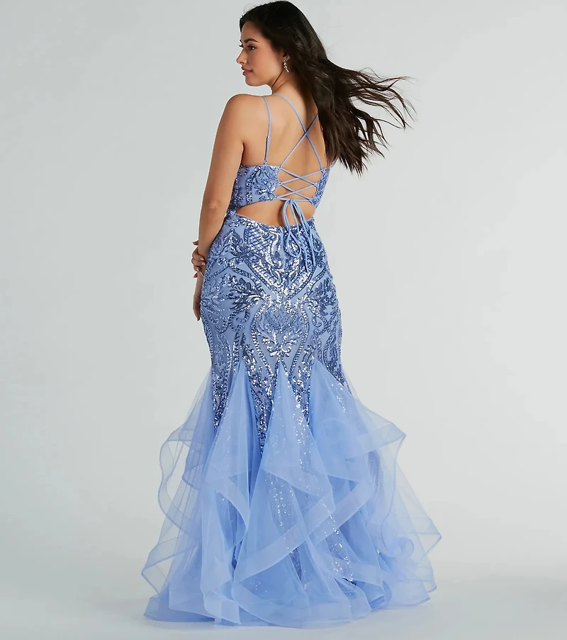 Sylvia Lace-Up Mermaid Tulle Ruffle Sequin Dress