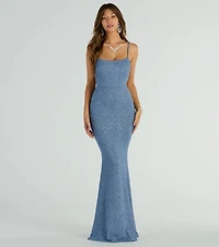 Gwendolyn Glitter Knit Bow-Back Mermaid Dress