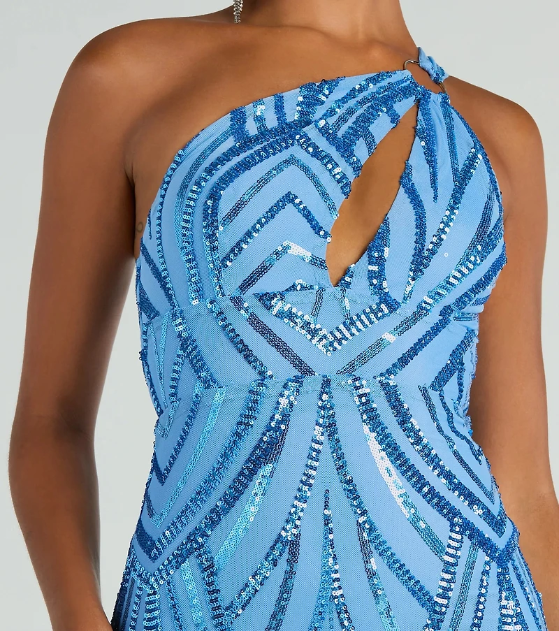 Stacey One-Shoulder Cutout Slim Sequin Formal Dress