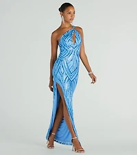 Stacey One-Shoulder Cutout Slim Sequin Formal Dress