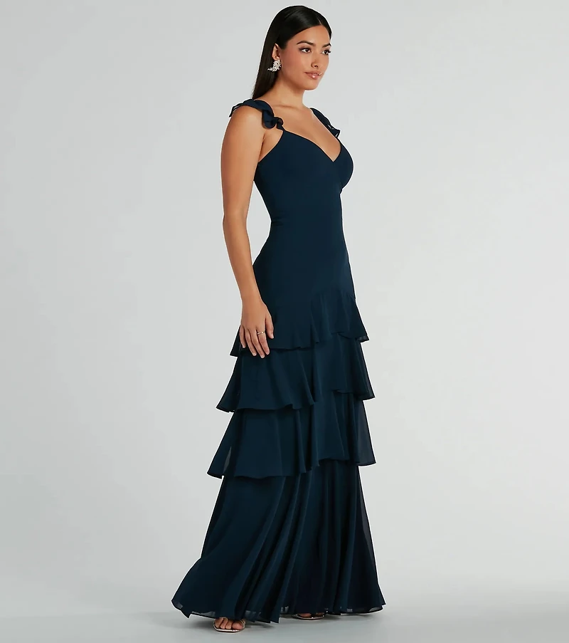 Adalee Flutter Strap Ruffled Chiffon Formal Dress