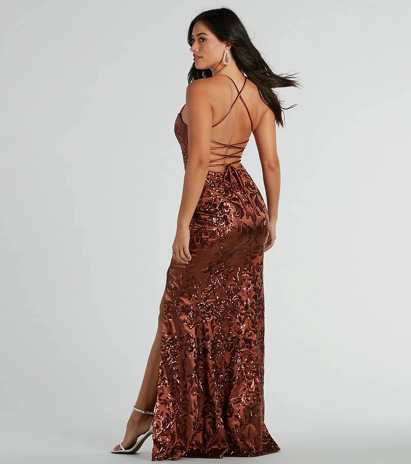Marisol Lace-Up Column Sequin Satin Formal Dress