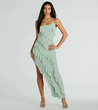 Jaymie One-Shoulder Ruffle Slit Formal Dress