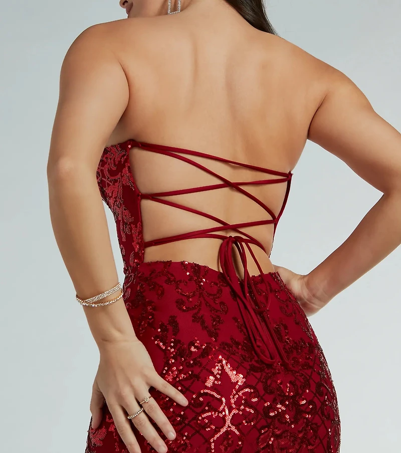 Chandler Strapless Lace-Up Sequin Formal Dress