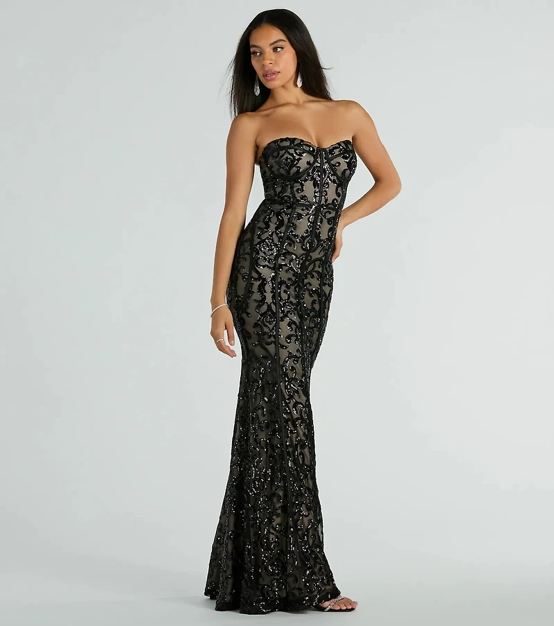 Serena Strapless Corset Sequin Column Formal Dress