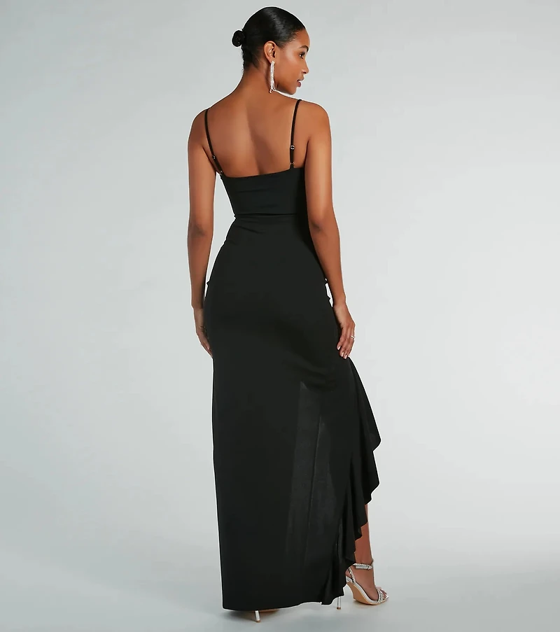 Maggie Ruffled High Slit Crepe Formal Dress