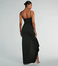 Maggie Ruffled High Slit Crepe Formal Dress