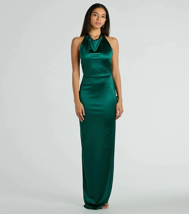 iliana cowl neck high slit satin column dress Windsor Iliana Cowl Neck High Slit Satin Column Dress