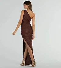 Yara One-Shoulder High Slit Glitter Mesh Formal Dress
