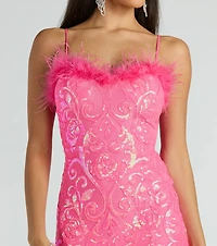 Cara Marabou Trim Mermaid Slit Sequin Formal Dress