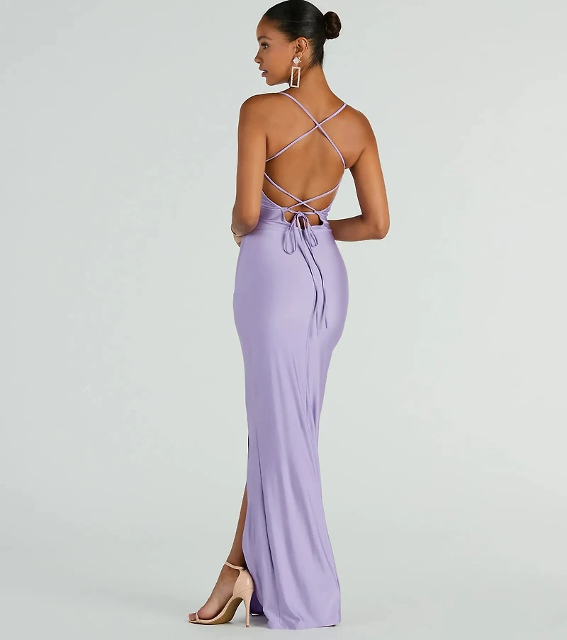 Natalie Cowl Neck Lace-Up Slit Column Dress