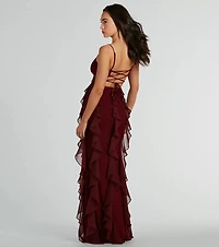 Sophia Lace-Up Ruffle Mermaid Mesh Formal Dress