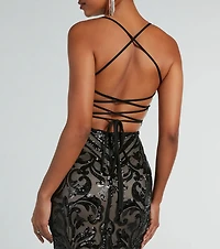 Maura Lace-Up Mermaid Sequin Mesh Formal Dress