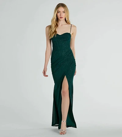 Daleyza Bustier Slit Glitter Column Formal Dress