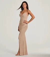Mila Cowl Neck Wrap Slit Mermaid Glitter Formal Dress