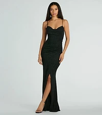 Mila Cowl Neck Wrap Slit Mermaid Glitter Formal Dress
