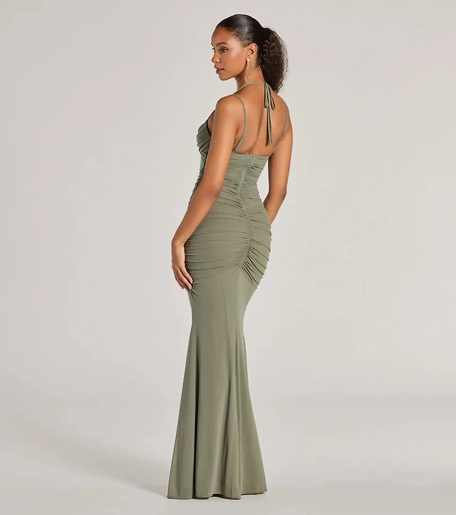 jae formal mesh ruched mermaid long dress Windsor Straps & Sleeves_Off Shoulder Long Sleeve
