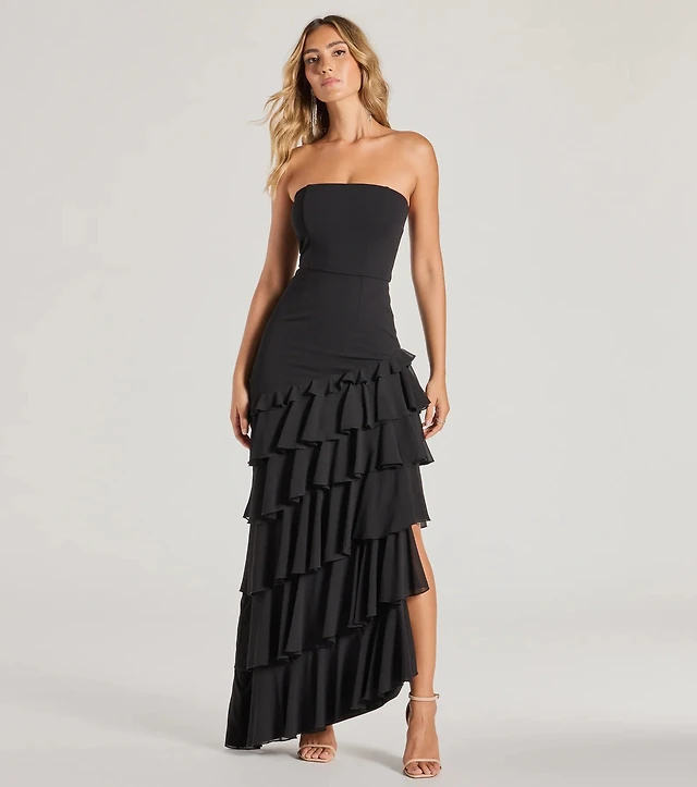 a line ruched strapless chiffon ruffled homecoming dress with bow Chiffon Homecoming Dresses