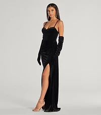 Inez Beaded Applique Velvet Formal Column Dress With Gloves