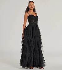 Keyla Floral Applique Tiered Ruffle Tulle Gown