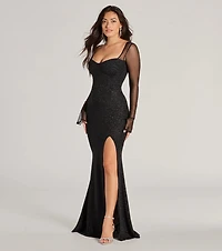 Connie Glitter Long Sleeve Column Formal Dress