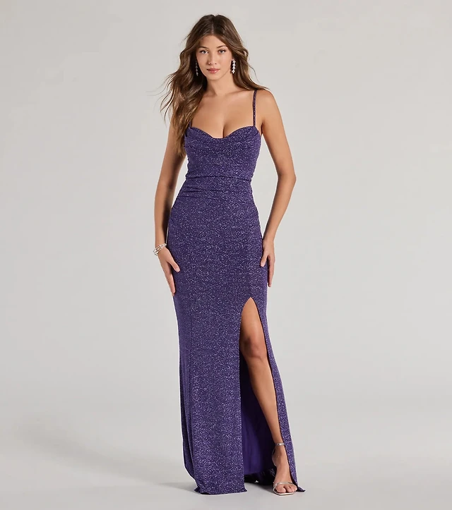 leann formal high slit glitter dress LaDivine CC475 Long Fitted Slit Formal Glitter Prom Dress main image 1