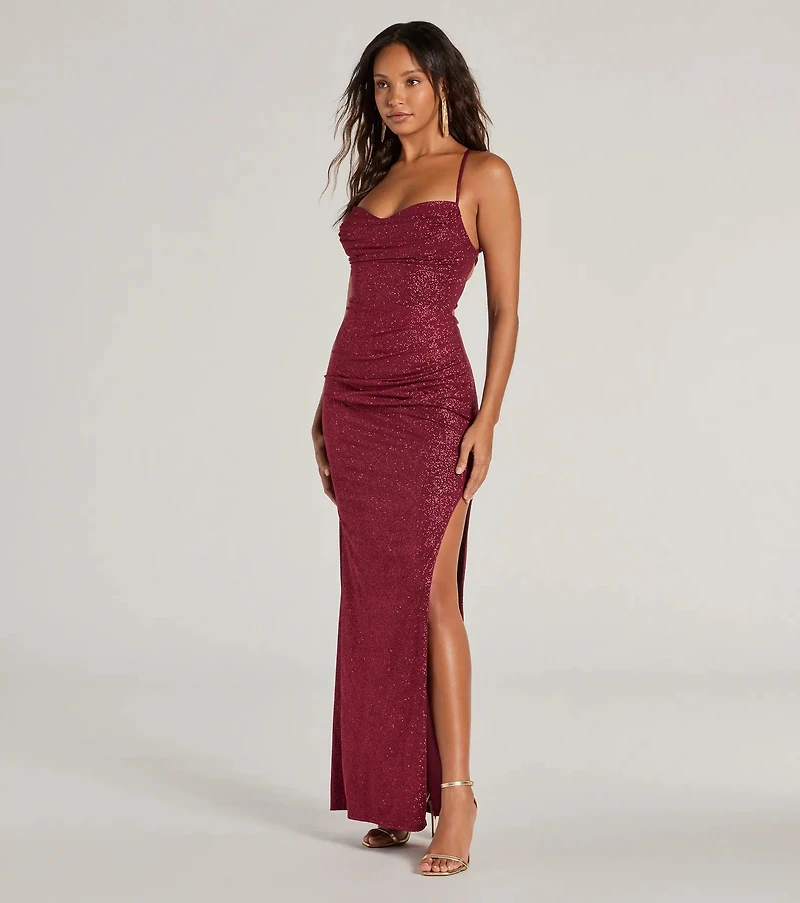 Eleanor Lace-Up Slit Slim Glitter Formal Dress
