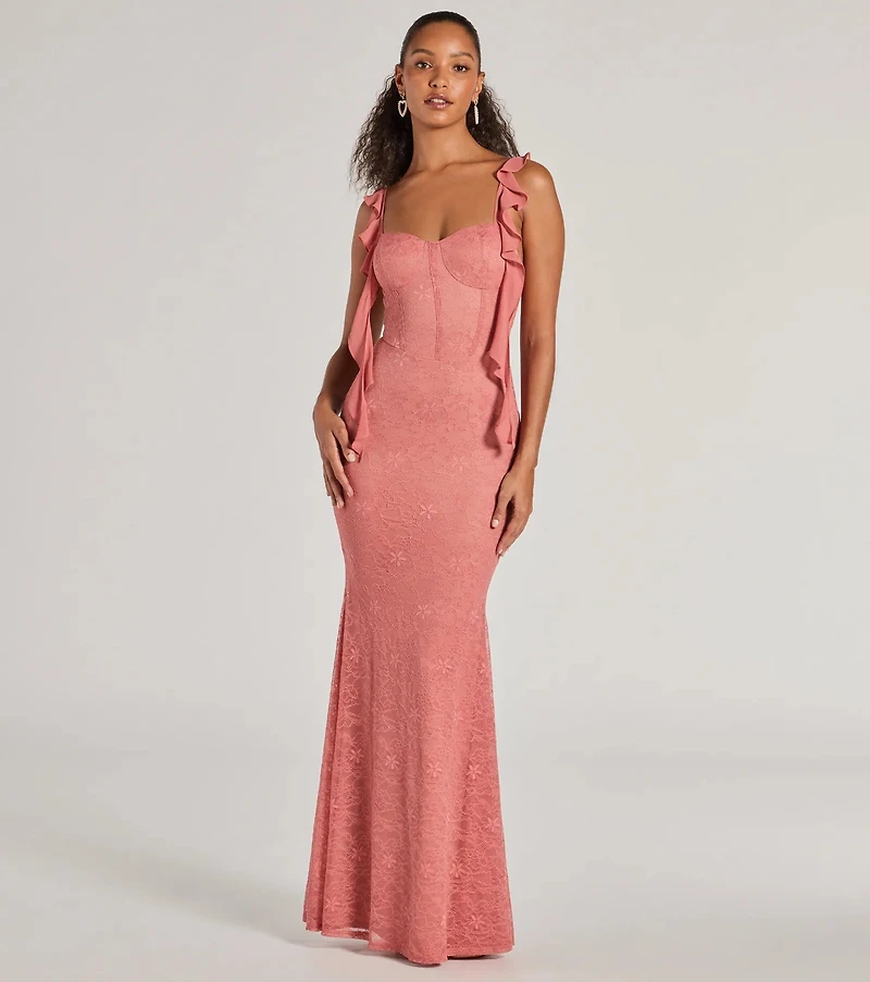 strapless open back dress Dusty Rose Romantic Flowers Lace Strapless Ball Gown Formal Dress main image 1