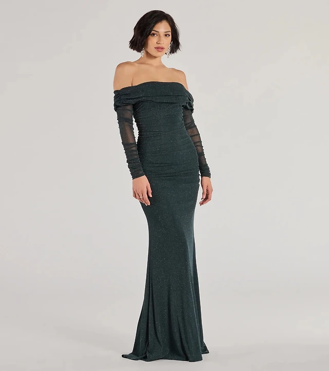 emerald sundae hunter green dress Juniors' Off-The-Shoulder Glitter Mermaid Ball Gown texture