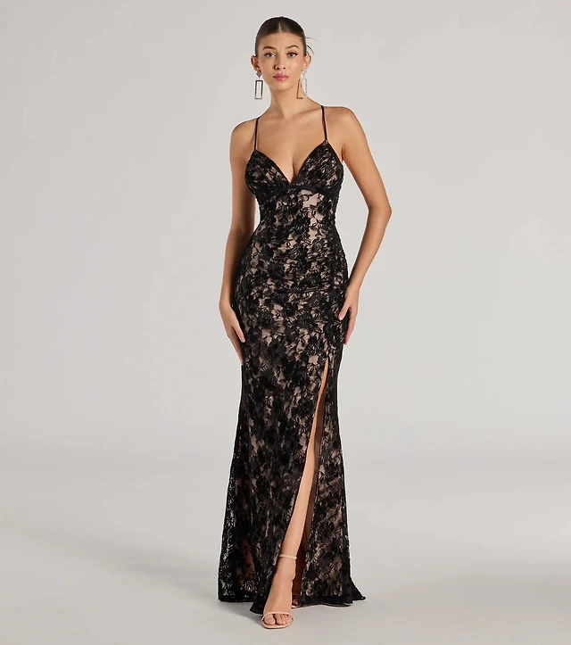 chandra lace detail satin maxi dress lemon Larissa Satin Maxi Dress With Ruched Petals - Lemon