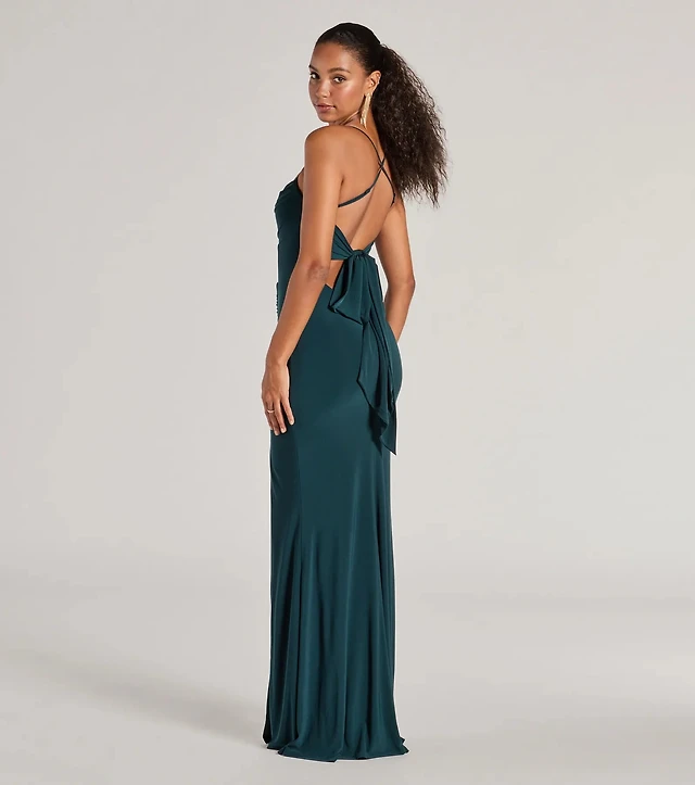 green emerald velvet dress Sherri Hill Mermaid Prom Dress with Bow 57743