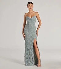Romina Lace Cowl Neck High Slit Mermaid Dress
