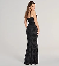 Ria Flocked Floral Velvet Formal Column Dress