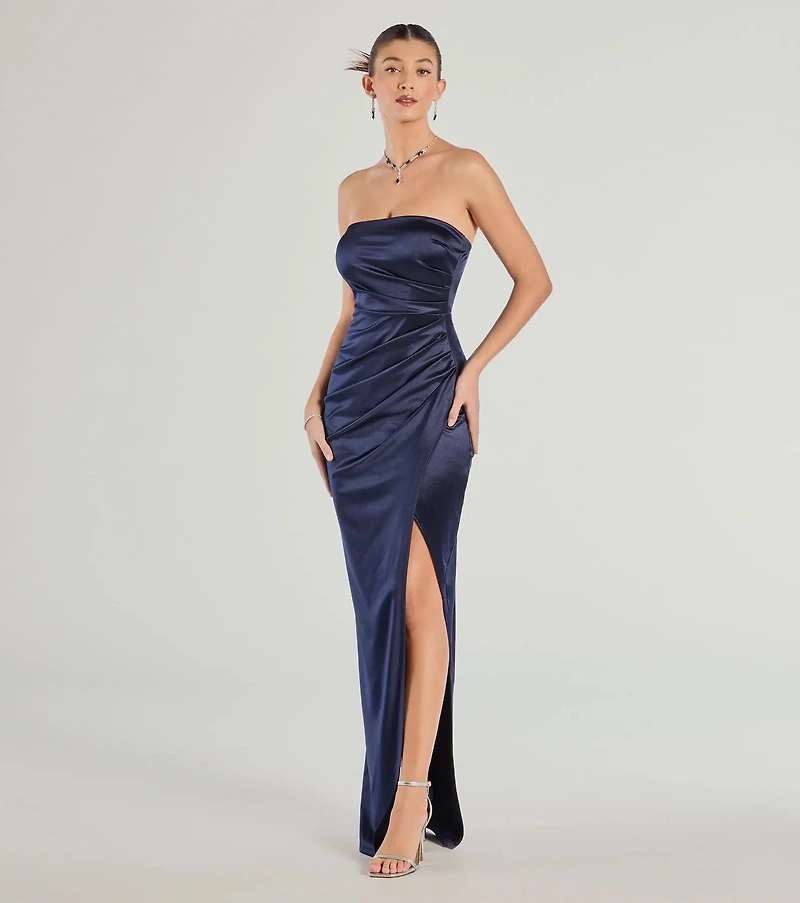 Lauren Strapless Wrap Slim Satin Formal Dress