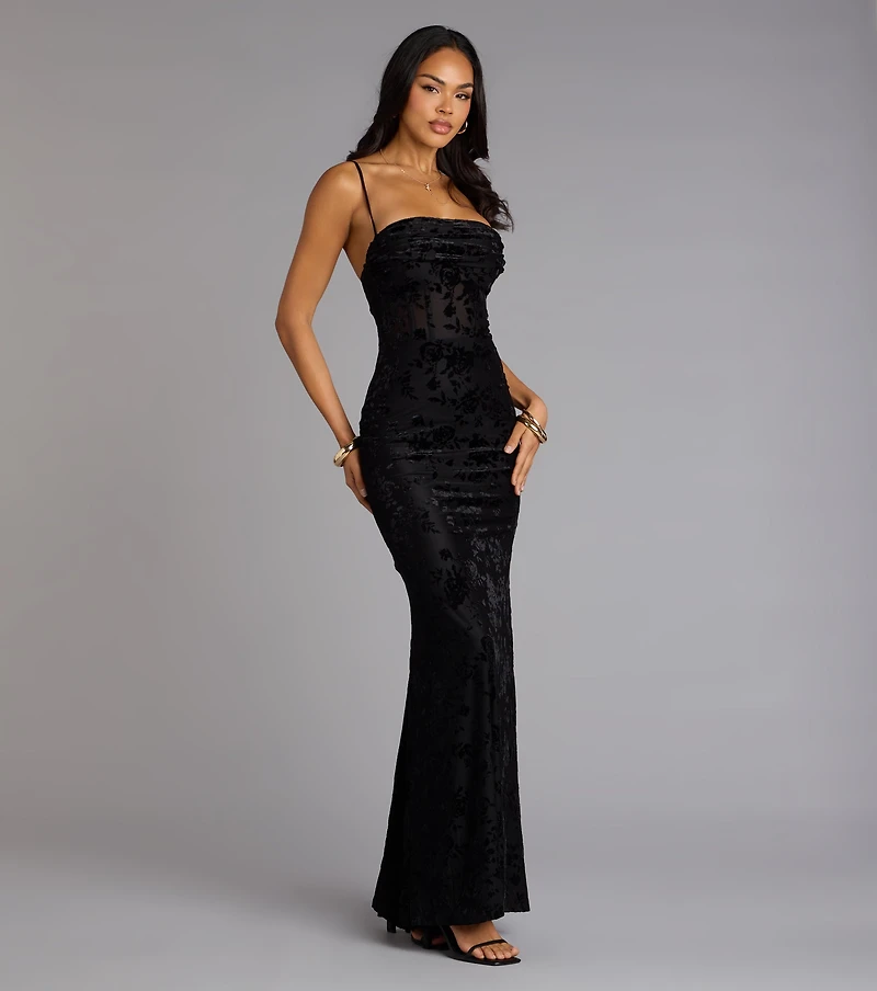 Alessandra Sleeveless Flocked Velvet Mermaid Dress