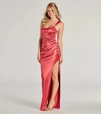 Kirsten Satin Cowl Neck High Slit Formal Dress