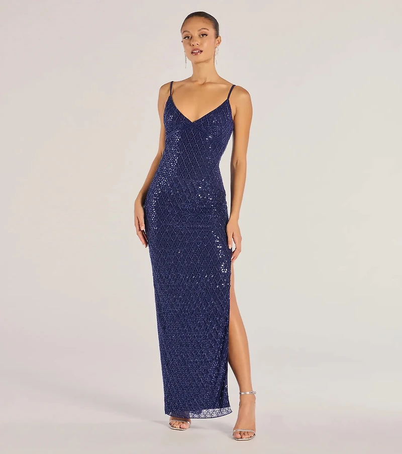 Dovie Sequin Beaded Mesh Column Dress