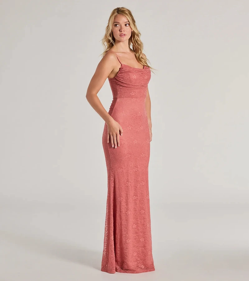 Lylah Lace Cowl Neck Mermaid Dress
