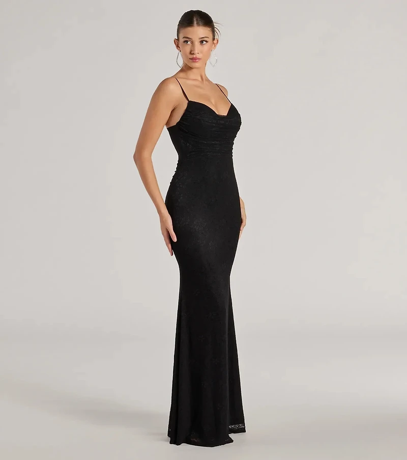 Lylah Lace Cowl Neck Mermaid Dress
