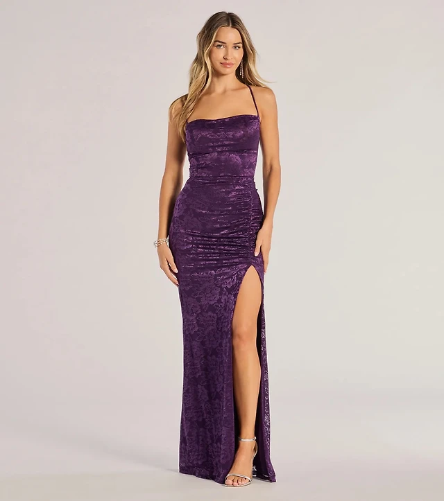 kehlani formal floral lace slit mermaid dress Windsor in Brown | Size: XL creating a captivating and modern look Kehlani Formal Floral Lace Slit