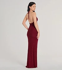 Blake Halter V-Neck Beaded Column Formal Dress