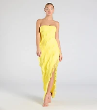 Kellie Strapless Ruffled Slit Lace Formal Dress