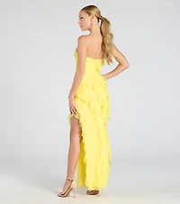 Kellie Strapless Ruffled Slit Lace Formal Dress