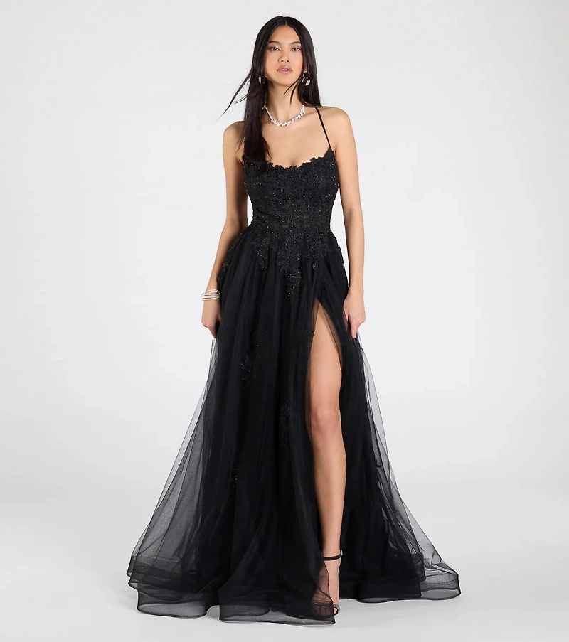 corset a line formal dress Sheer Bone Corset A-Line Floral Applique Dress