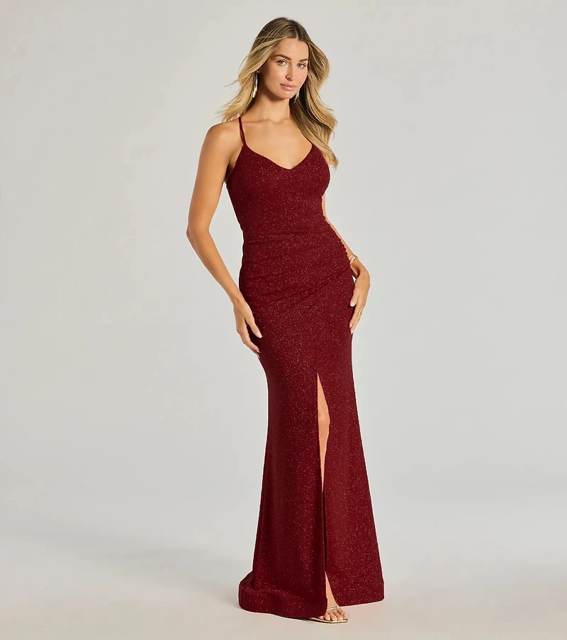 Lexis Lace-Up Slit Mermaid Glitter Formal Dress