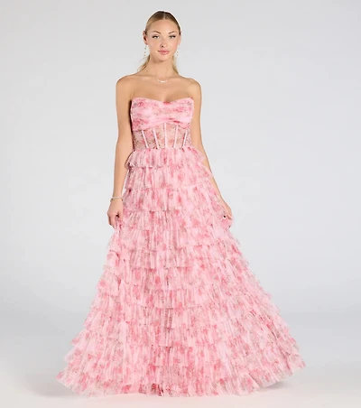 Kira Strapless Floral Tulle A-Line Formal Dress