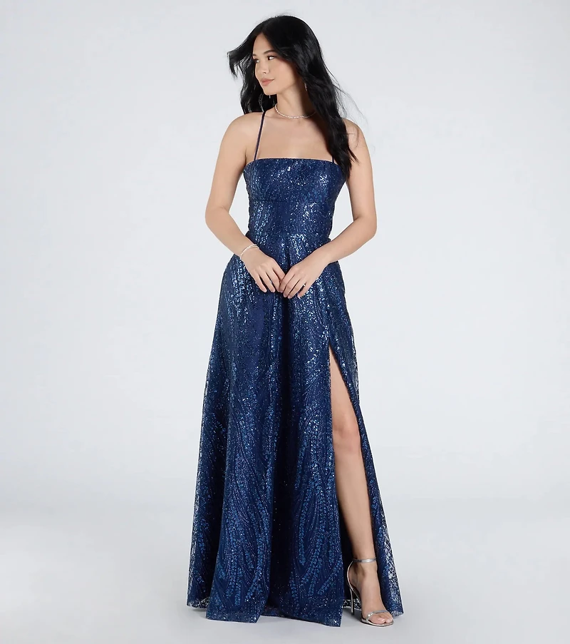 Drea Glitter Sequin Lace-Up A-line Formal Dress