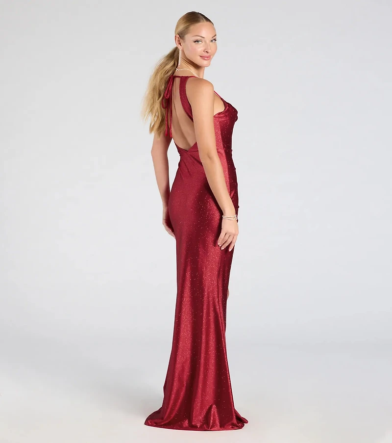 Joyce Open Back Wrap Bodycon Glitter Formal Dress